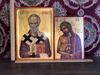 Religious Icons Russian Saint Nicolas & Jesus Greek Icon Both Hand Painted