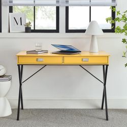 Anazing Modern Writing Desk, Unique X-Shaped Frame and Clean Line Design, Desktop 2 Drawers, Yellow