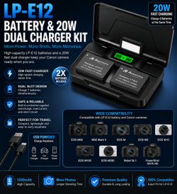 Camera – LP-E12 Battery & 20W Fast Dual USB Charger Kit for Canon EOS M50, M50 Mark II, M100, M200, Rebel SL1 & More