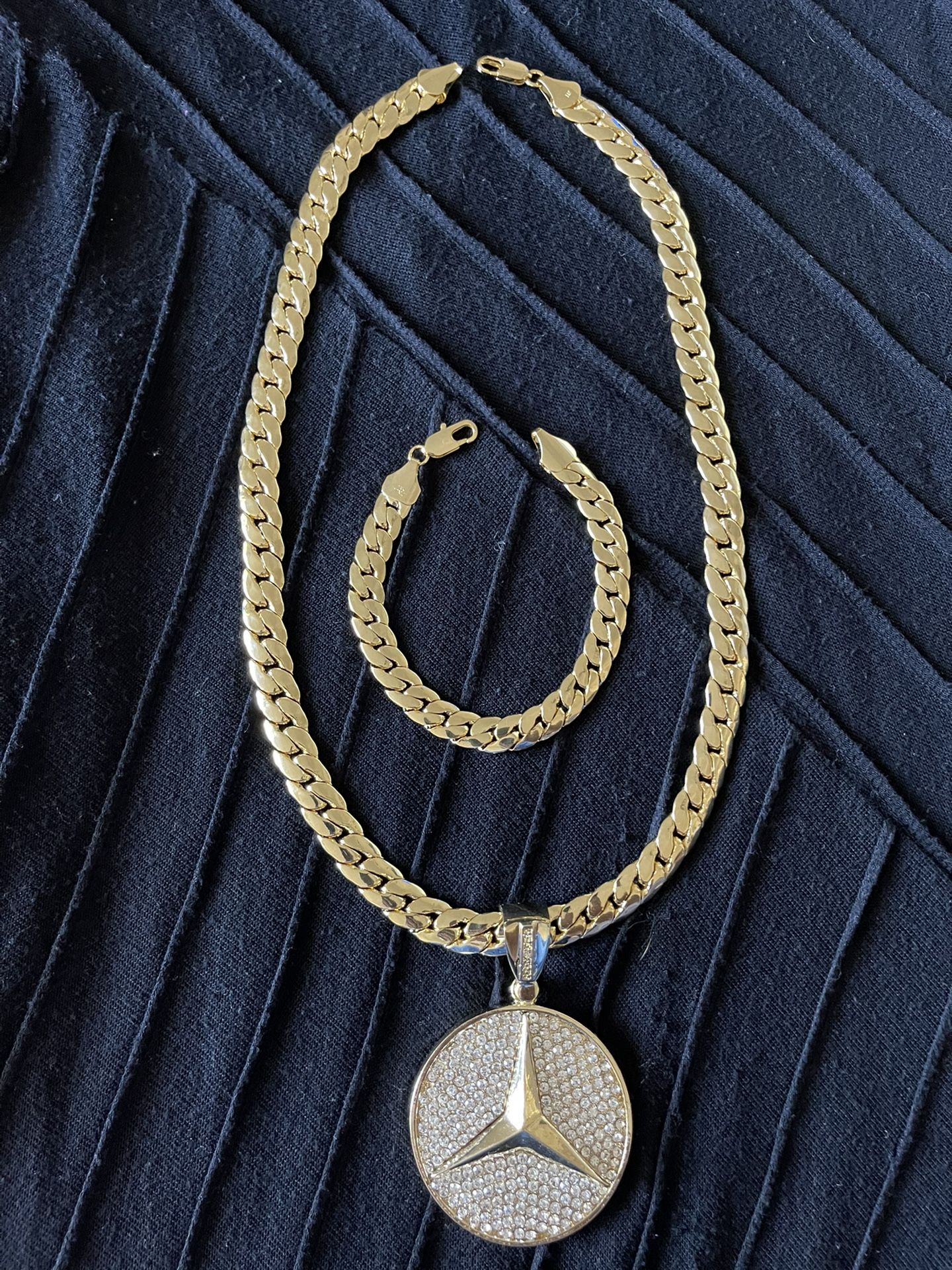 14k Gold Cuban Necklace, Bracelet & Mercedes Pendant Set