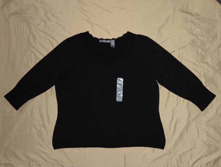 NEW Hillard & Hanson Black 3/4 Sleeve Lace Neckline Knit Top