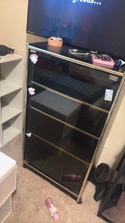 Black Glass and Chrome Media Shelf Unit