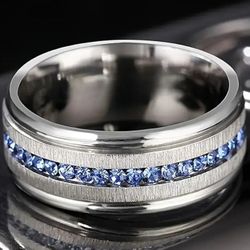 Men's 8mm Titanium Sapphire Blue Cubic Zirconia Comfort-Fit Engagement Wedding Band 