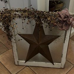 Glazed Window Frame With Metal Star And  Berry Vines