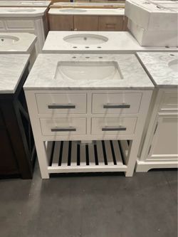 30” White Solid Wood Bathroom Vanity with Marble Top (V127)
