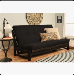 Like New Solid Wood Full Size Futon Sofa Bed w/ Black Mattress