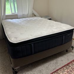 Stearns and Foster Queen Bed, Box Spring, Bed Frame, Mattress Protector, And Bed Skirt