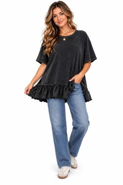 Free People We The Free Why Yes Tee L Oversized Black Ruffle Hem Boho Cotton