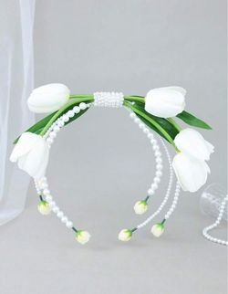 1pc White Tulip & Faux Pearl Beaded Handheld Flower Ring Basket Bridal Bridesmaid Wedding Party Photo Props
