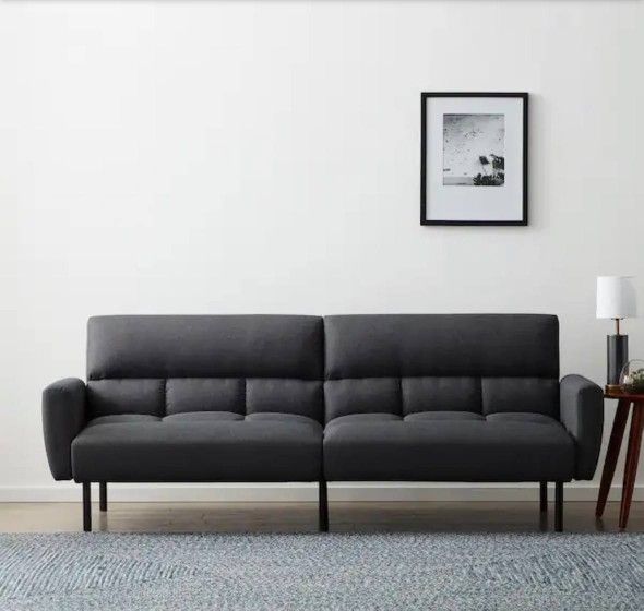 Lucid Comfort Collection Linen Futon Sofa Bed with Box Tufting Black Faux Leather.
A little bit scratched