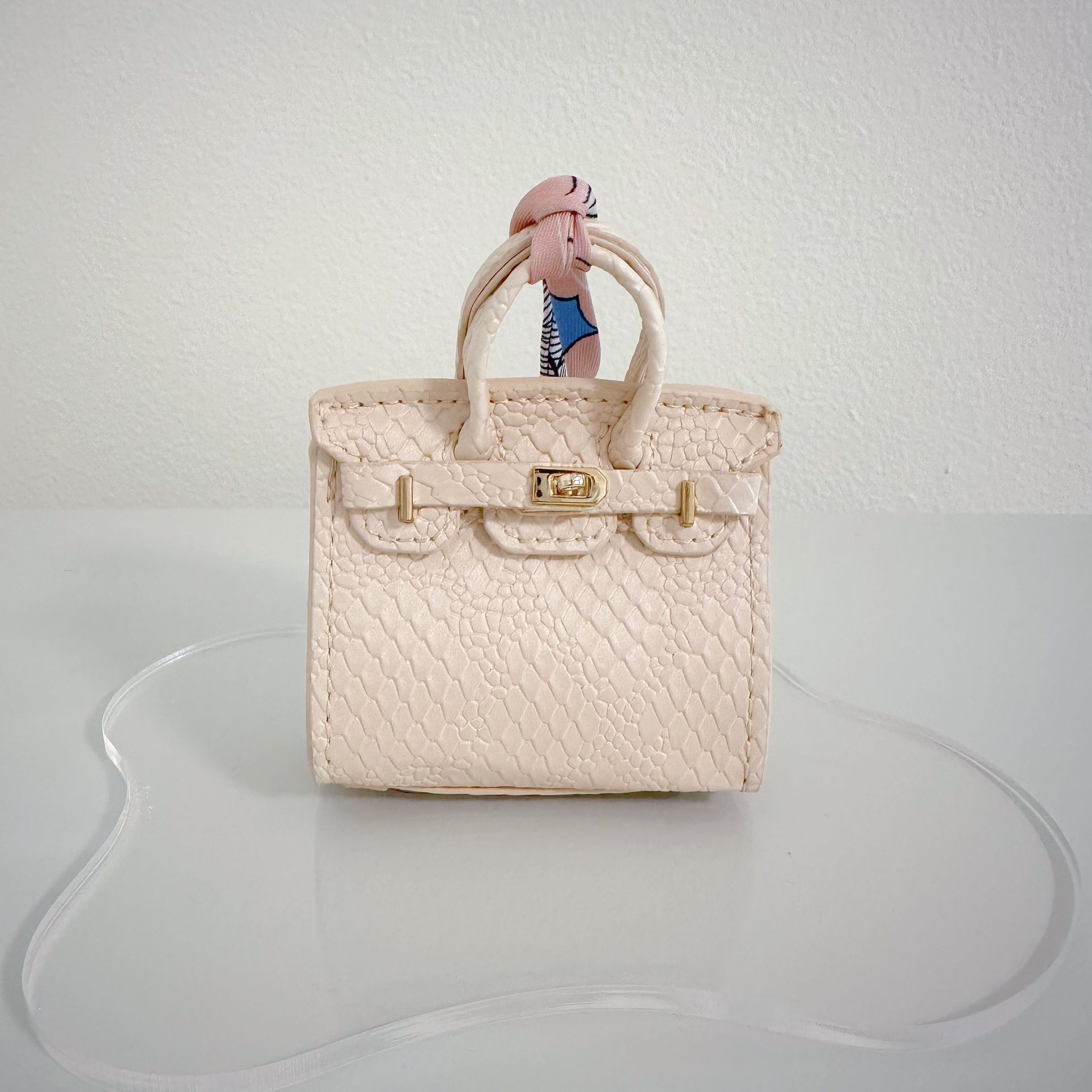 Mini Bag Charm β Soft Blush Faux Snakeskin Designer Style with Twilly Accent