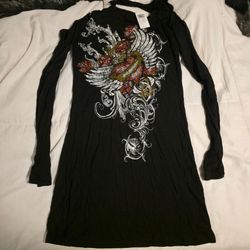 Long Black Dress Blouse with Graphics (Size: S)