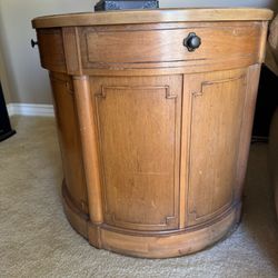 Vintage Wood Round Drum End Table with Cabinet 