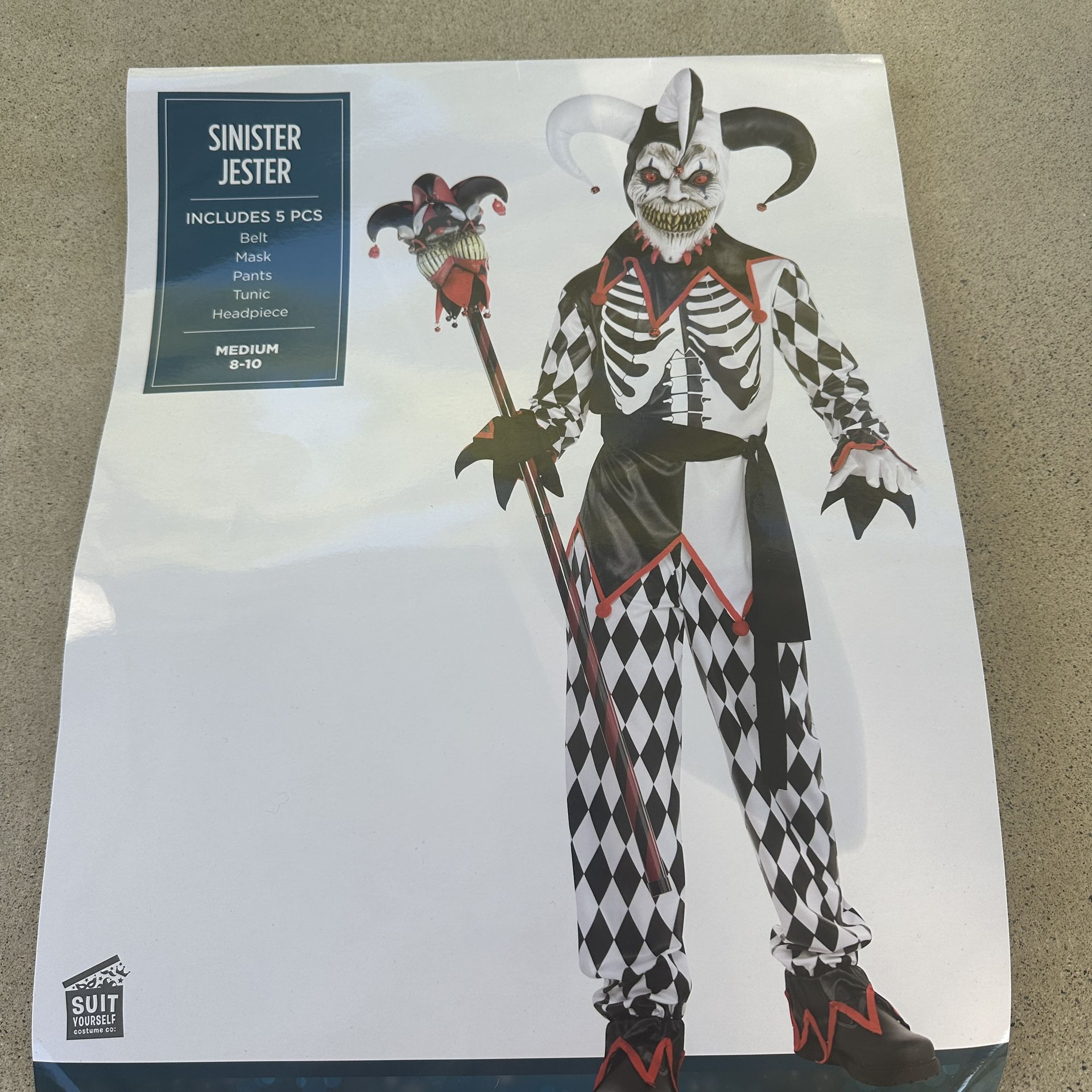 Sinister Jester Halloween Costume Boys Kids Medium 8-10 NEW 5 Pieces