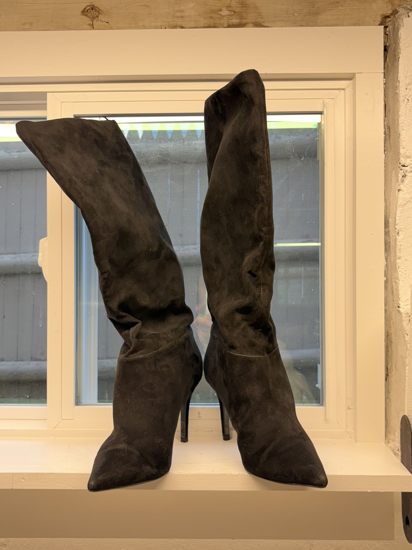 MANGO Black Suede Fold-Over Stiletto Boots (Size 8 - 8.5