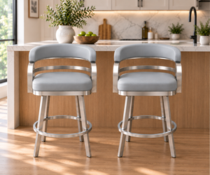 Grey Leather & Brushed Stainless Steel Bar High Stool