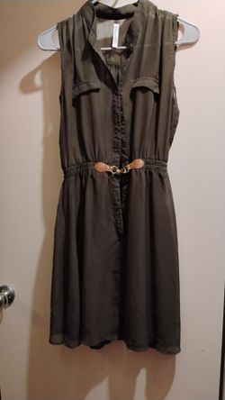 Olive Green Sleeveless Belted Shirt Dress