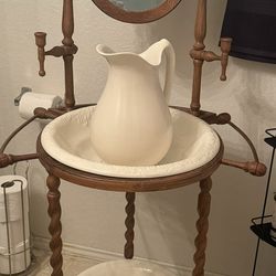 Antique Vintage Wash Basin Pitcher with Mirror Stand and Candle Holder Victorian