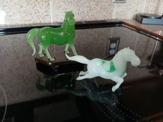Pair of Vintage Chinese Green Peking Glass Tang Horse Miniature Figurine with Wood Base and Without Base
