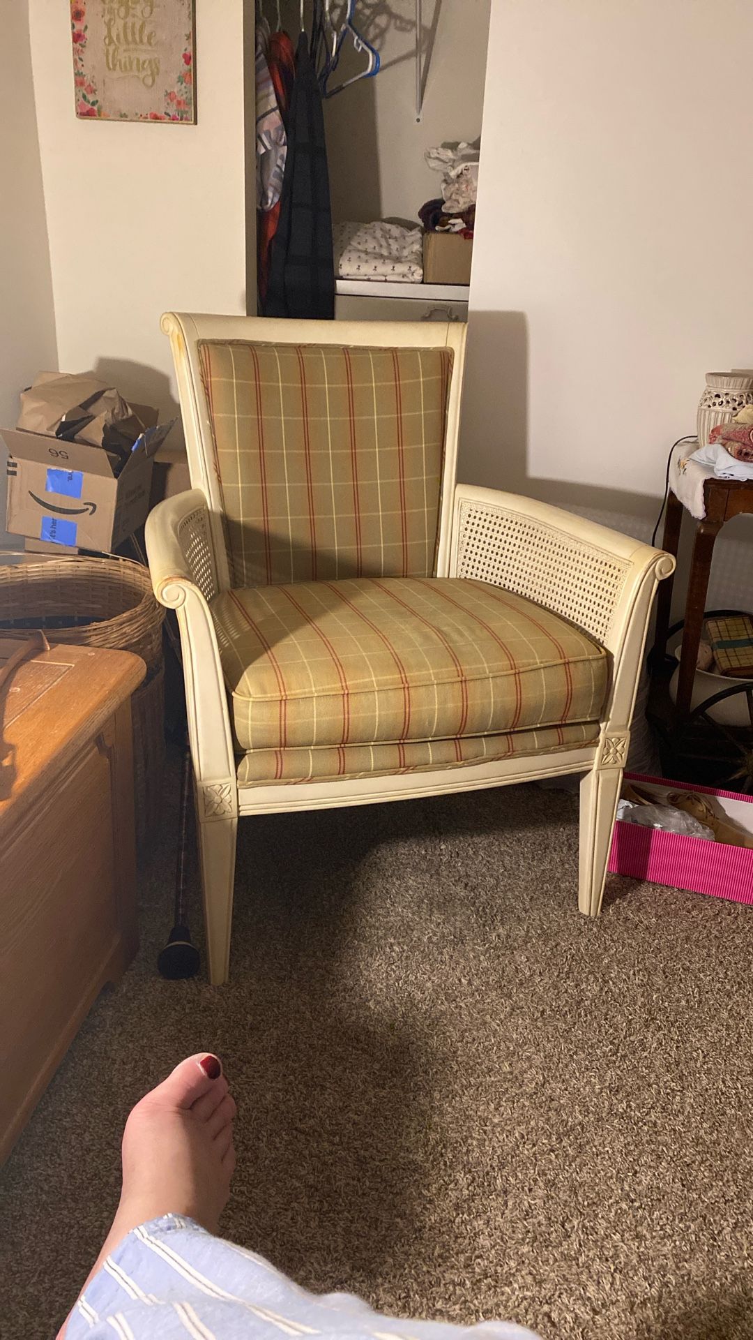 Lovely Chair with Rattan sides and tan, and burgandy cushions