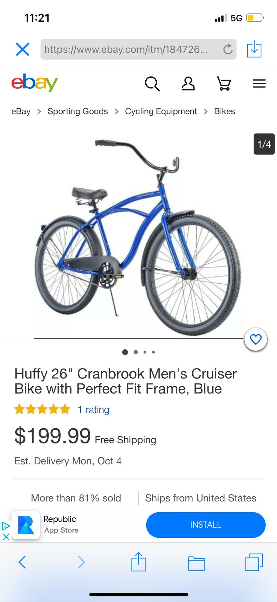 Huffy 26’ Cranbrook men’s cruiser bike with perfect fit frame blue