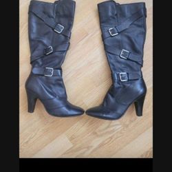 Black Leather  Woman  Boots High Heel