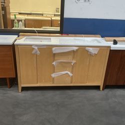 SALE - 60" Brown Solid Wood Bathroom Vanity with Marble Top (L)