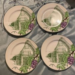 Century Stoneware Napa Valley 8” Set Of 4 Plates Purple Grapes, Green Leaves House Barn