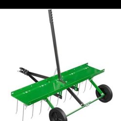 48 Inch Green Tow Dethatcher with 24 Spring Steel Tines, Pull Behind Dethatcher for Outdoor Yard Care, Garden Farm Grass Tractor Rake to Remove Thatch