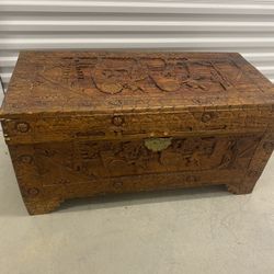 Chinese carved camphor wood chest, also known as a camphor chest or trunk