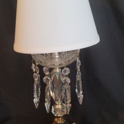 Vintage 19" Table Lamp With Glass Crystals, Marble Base and Shade