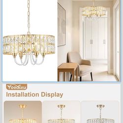 Brand New 16.5” Modern Crystal Chandelier, Gold Finish, Adjustable Height