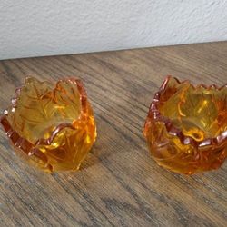 Partylite Amber Glass Oak Leaf Pattern Footed Votive Vintage Candle Holders 3”