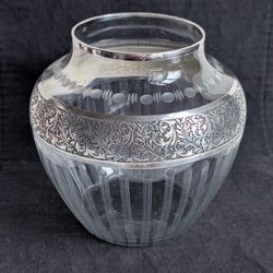 Vintage Fine American Cut/Etched/Frosted Glass Vase W/ Silver Overlay 6.2"