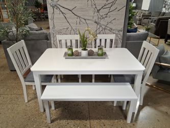 6 pc Beautiful white and gray dining set with 4 chairs and a bench