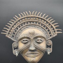 Meso American Inca Tribal Sun God Mask Brass Sculpture 16 3/4" Tall