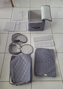 New Complete gray fabric closet storage set: 2 large foldable zipper bins with all divider inserts, 2 round hat storage cases, plus 2 foam hat forms t