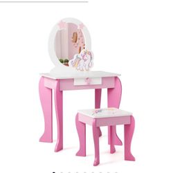 Giantex 2 in 1 Kids Vanity Table & Chair Set Princess Makeup Dressing Table w/Mirror & Comb Writing Desk Pink