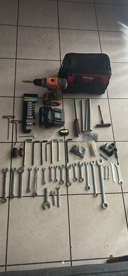 RIDGID Drill + Large Tool Lot – Craftsman Wrenches, Allen Keys, Husky Bag & More