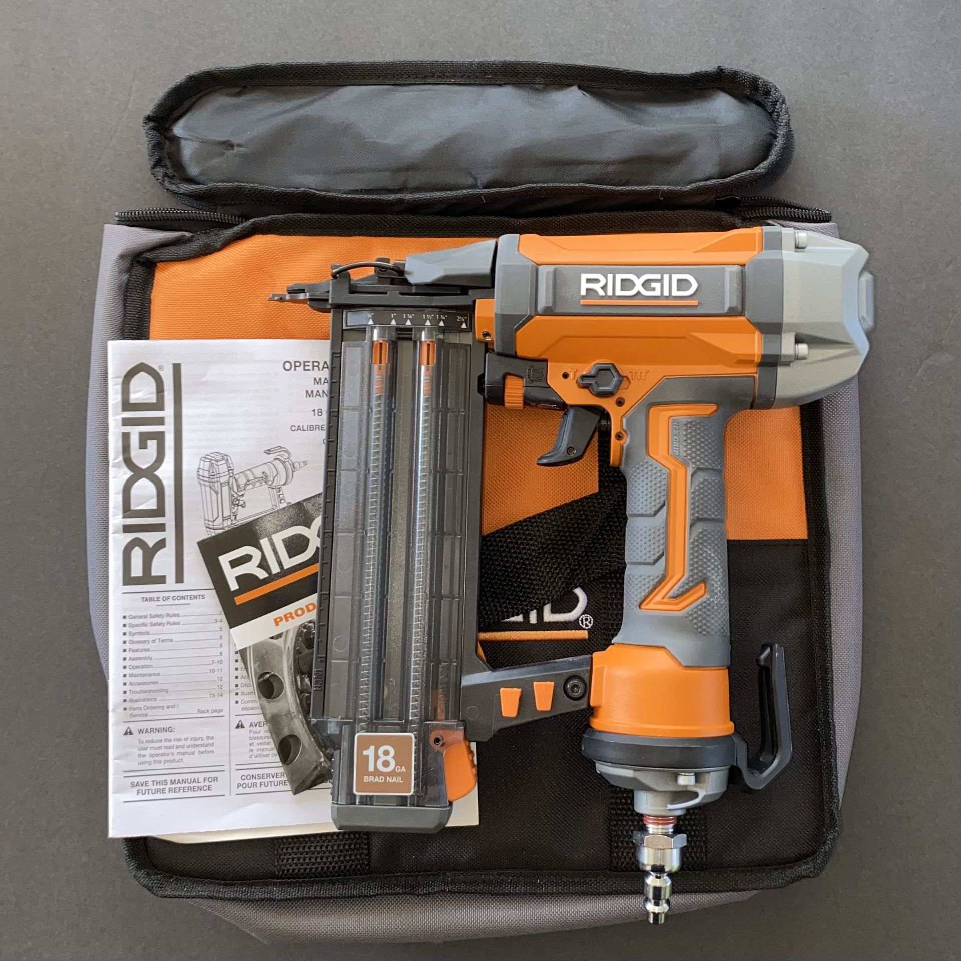 Ridgid Pneumatic 18-Gauge 2-1/8 in. Brad Nailer with CLEAN DRIVE Technology, and Tool Bag
