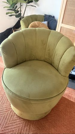Pair of Vintage 1960s Channel-Tufted Swivel Chairs - Olive Velvet