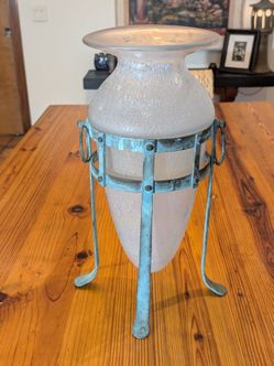 Vintage Silvestri Mouth-Blown Art Glass Amphora Vase with Iron Stand - 18"