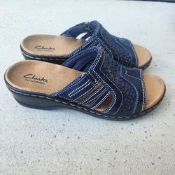 New Clarks Women's Navy Leather Bendables Sandals Size 7.5-8