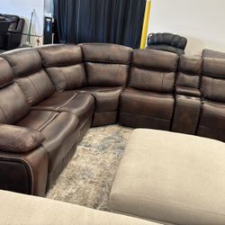 Brown Leather Power Reclining Sectional 