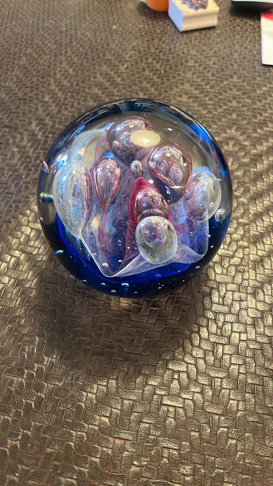 Vintage Dynasty Gallery Art Glass Paperweight Cobalt Blue Pink White Bubbles