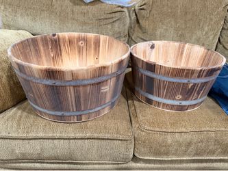 rustic wooden barrel planter