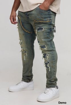boohooMAN Plus Stacked Skinny Multi Rip Carpenter Jeans (46R)