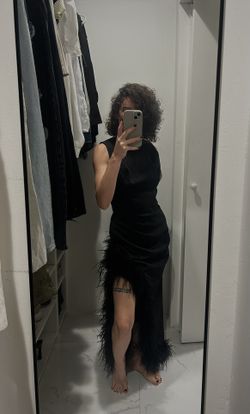 Black Ruched High-Low Sheath Dress with Feather Trim