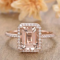1.6ct Emerald Cut Morganite Engagement Ring Diamond Wedding 14K Rose Gold