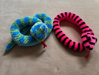 Fiesta Plush Snake LOT Of 2 Pink/Black & Blue/Green 62” Excellent Condition!